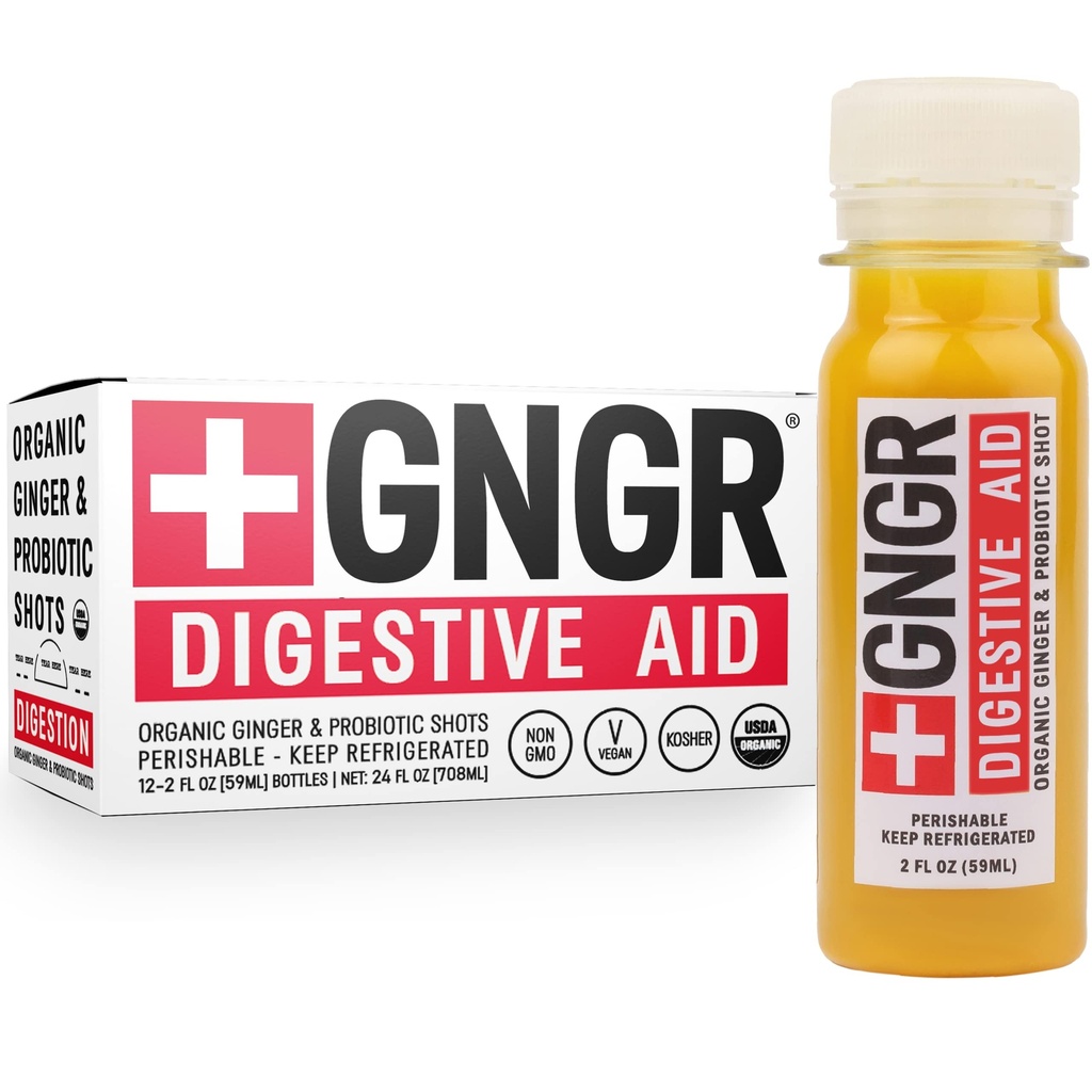 +GNGR Gremošanas palīgs Organiskais ingvera šāviens ar probiotikām, Gut Health, Colon Cleanse, Bloating Relief, Gut Detox, Immunity Shots ar ingvera sulu, Turmeric, Black Pipars. (2 Oz, iepakojumā 12)