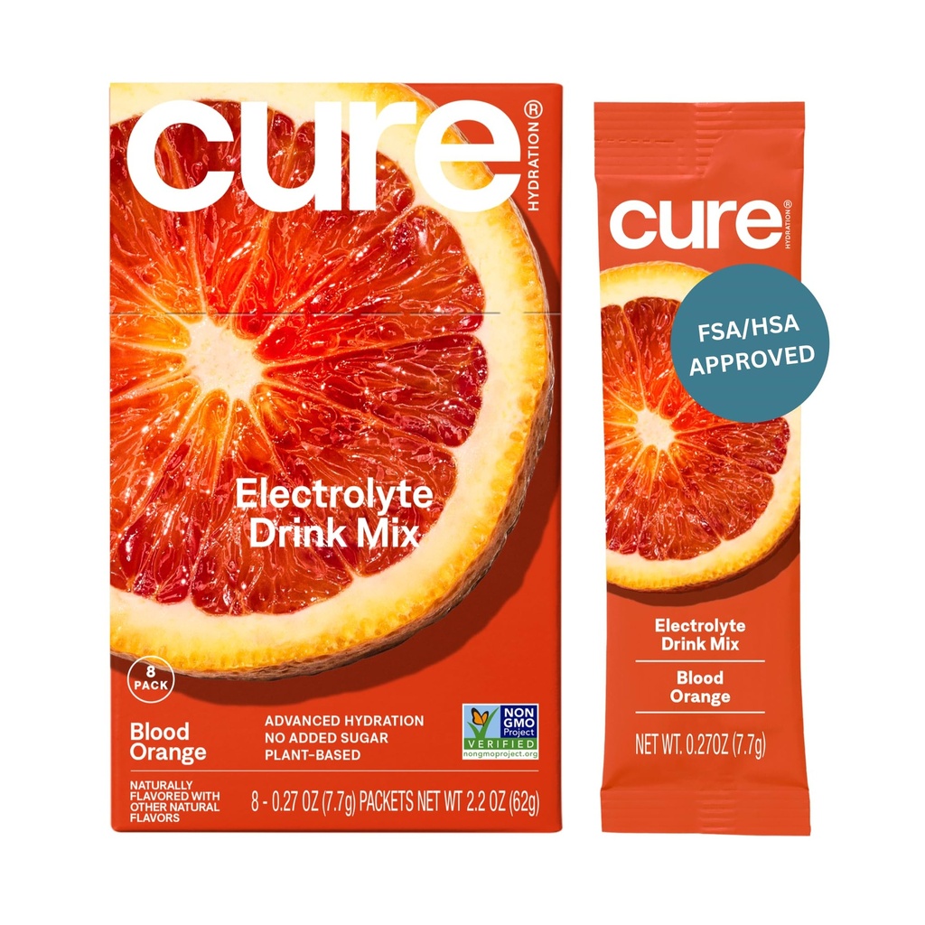 Cure Hydration - Electrolyte Drink Powder Blood Orange 8 Packets | Plant-Based Dehydration Relief Mix Made with Coconut Water, No Added Sugar, Vegan, Non-GMO, Gluten Free, FSA-HSA Eligible