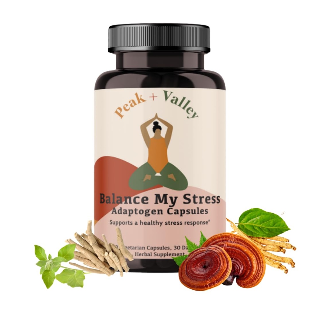 Peak + Valley Stress Reliefs Papildinājums Mood Support Balance Mans Stress Kapsulas - Satur Adaptogens, Ashwagandha, Eleuthero Saknes, Reiši Sēņu Papildinājums - Dabas Mood Stabilizators - 60 Ct