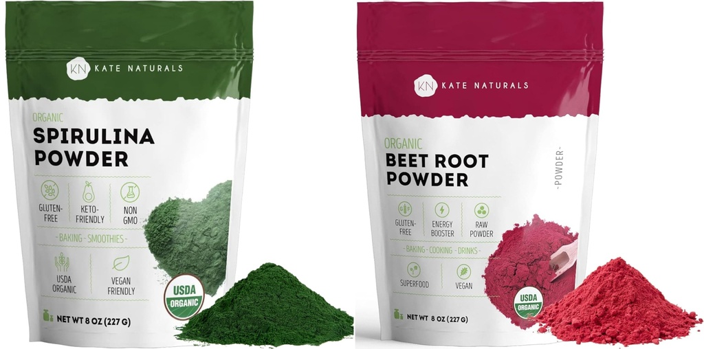 Kate Naturals Organic Spirulina pulveris un biešu saknes pulvera paka
