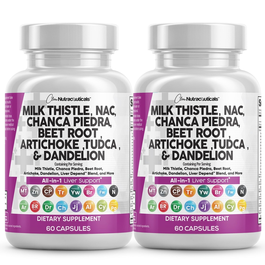 Tīra Nutraceuticals piena dadzis NAC Chanca Piedra Bišu saknes Artichoke Dandelion Sakne - Aknu tīrīšanas papildinājums Plus TUDCA Holīna un ingvers - 2Pack