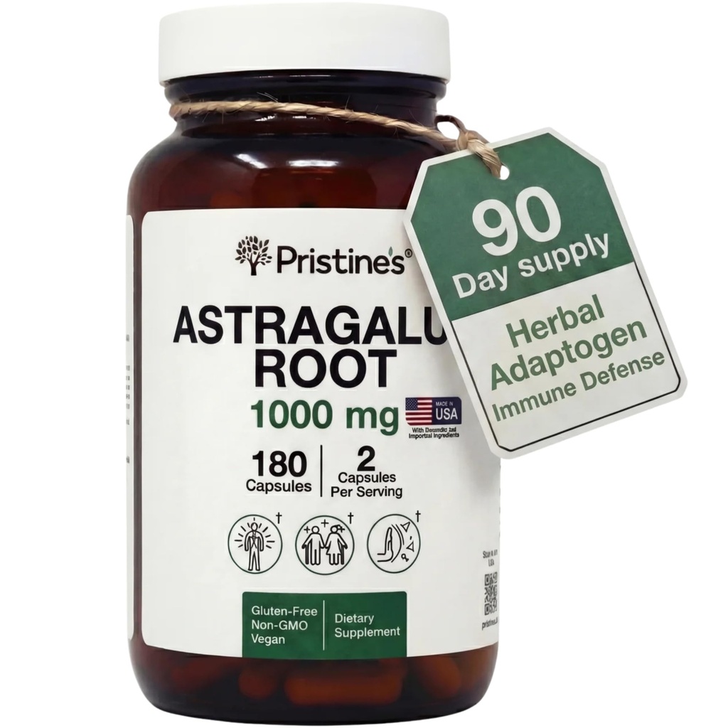 PRISTINE'S Astragalus Root Imūnās atbalsta papildinājums Kapsulas - 1000mg 90 Day Supply Augu Adaptogen - Veselīga novecošana, sirds un plaušu veselība