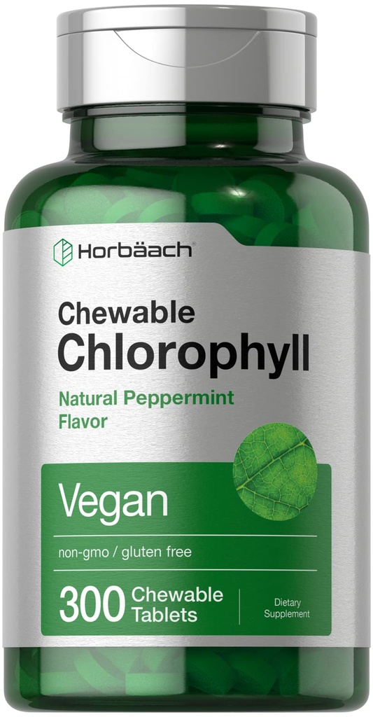 Horbäach Chlorophyll Tabletes 300 Košļājamās tabletes • Dabīgā piparmētru flavor      - Vegan, ne-GMO un lipekļa bezmaksas papildinājums