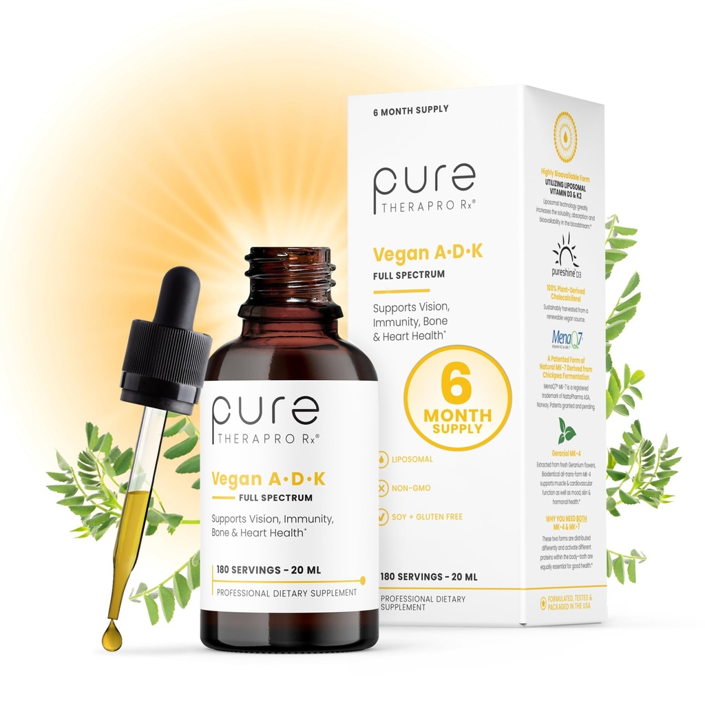 Pure TheraPro Rx Vegan A-D-K Drops-6 Mon Supply-Vitamin A(Palmitāts un betakarotīns), Liposomāls vitamīns D3(kā vegana holekalciferols), Liposomāls vitamīns K2(MK-4 un MK-7)atbalsta imunitāti un kaulu veselību-20ml