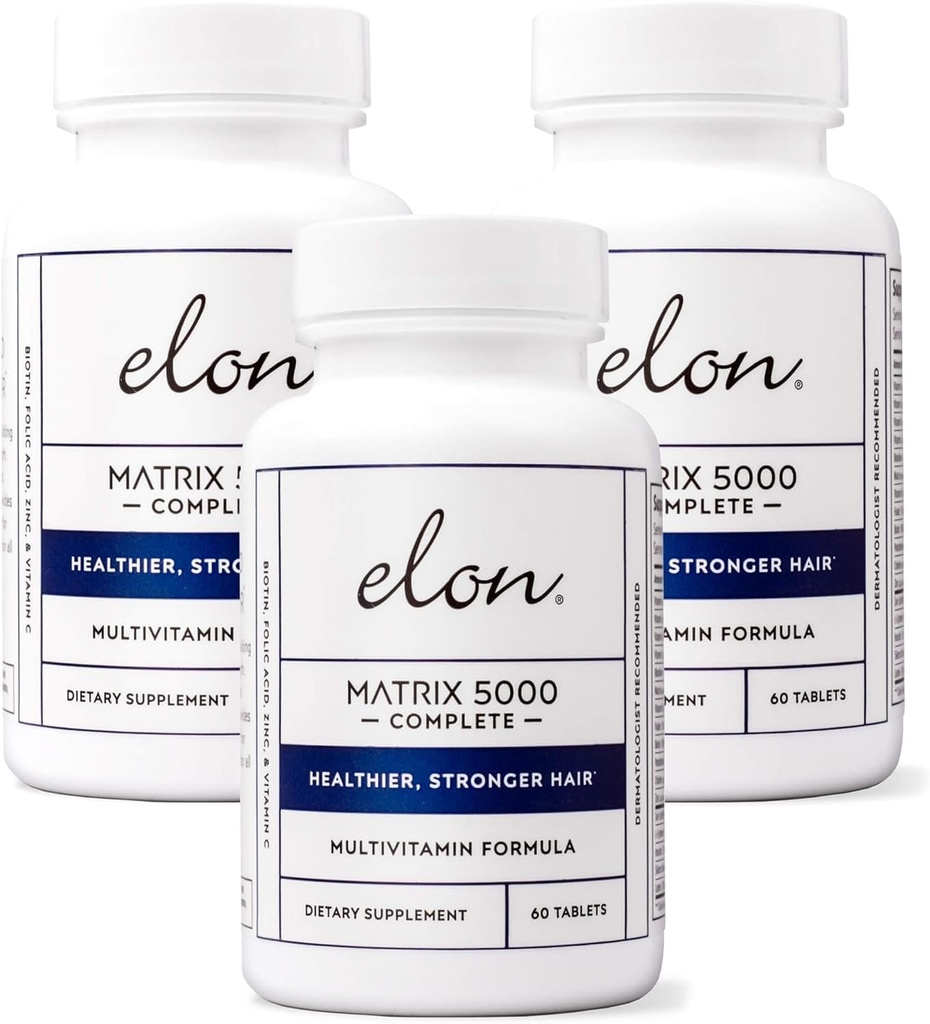 Elon Matrix 5000 Complete Multivitamīnu — Ādas, matu un nagu augšana Vitamīni — Veselīga matu augšana Vitamīni sievietēm un vīriešiem — 5000Mcg Biotīna papildinājums, iepakojums pa 3 (180 Day Supply)