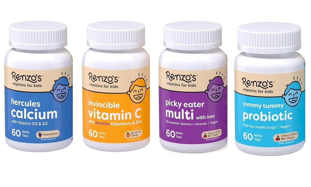 Renzo's Vitamīni Bērnu Essential Bundle - Probiotika, C vitamīns ar plūškoka & Cinka Imūnsupport, Picky Eater Kids Multivitamīnu, un Hercules Kalcijs