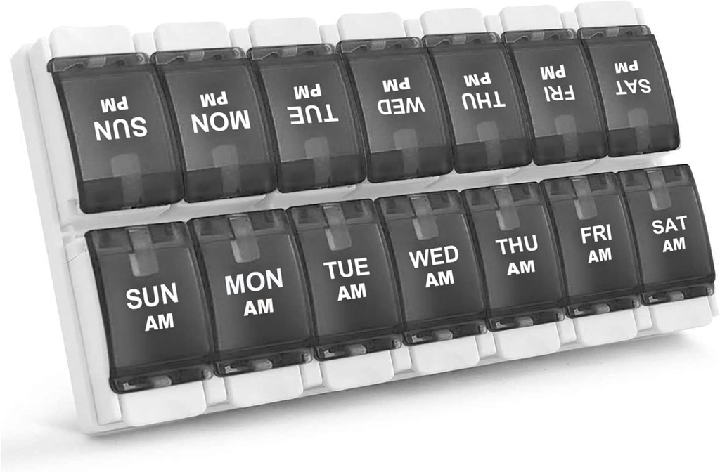 Sukuos AM Weekly 7 Day Pill organizators, 2 reizes Diena Pill kaste ar Arthritis Friendly Push Poga, Medicīna Kastes vitamīnu / zivju eļļas / uztura, Viegli tīrāmas (melns)
