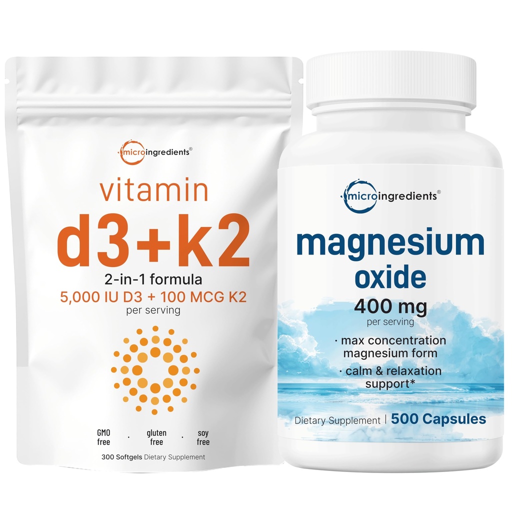 Mikro Sastāvdaļas D3 vitamīns 5,000iu + K2 100mcg Softgeli & magnija oksīds 400mg barbe Pack