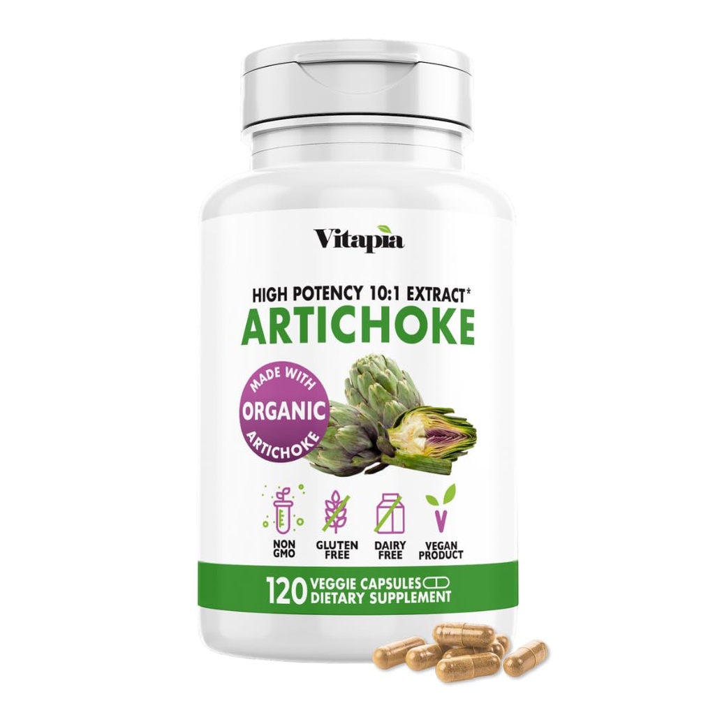 Vitapia Organic Artichoke ekstrakta papildinājums - Aknu tīrīšana Detox & Remonts, Aknu veselība, Gremošana, Antioksidantu atbalsts - 120 Vegan kapsulas, ne ĢMO, bez lipekļa