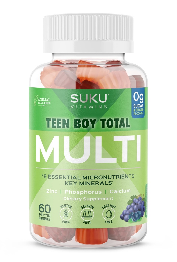 SUKU Teen Boy Multivitamīnu Gummies – Vitamīni A, B12, C, D3, E, Cinc & Biotin – Bezcukura Veģetārs Papildinājums enerģijai, izaugsmei, Imūnās un kaulu veselība – Vīnogu Flavor – 60 Skaits