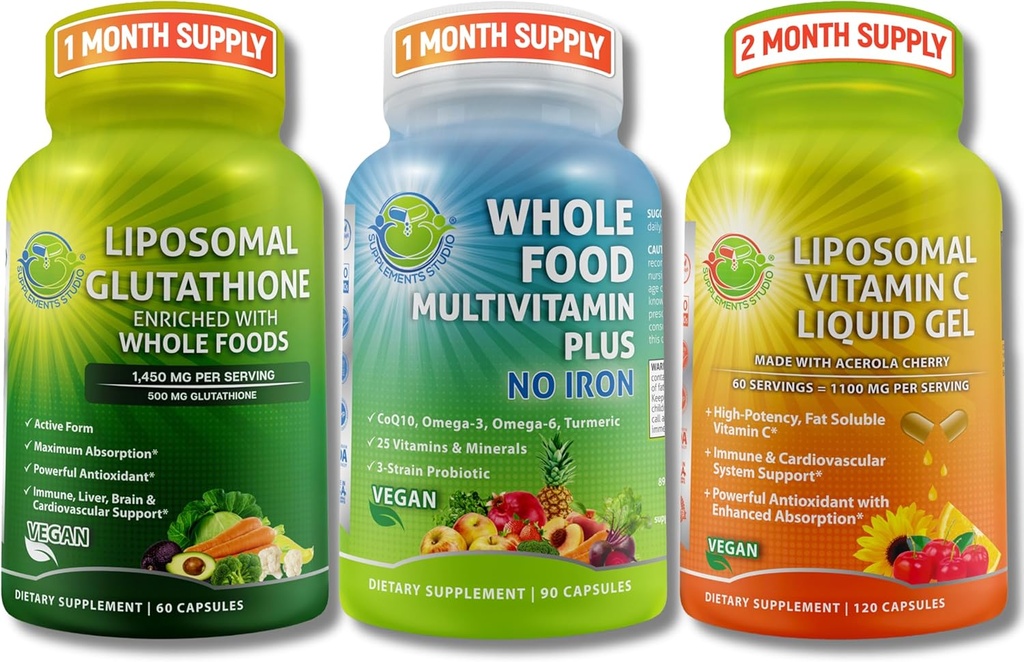 Dienas Imūnais, antioksidants un enerģijas atbalsts Bundle – Liposomālais Glutations 500mg ar visu pārtiku + Liposomālais vitamīns C 1100mg Šķidrais gels + Vegan Viss pārtikas multivitamīns bez dzelzs