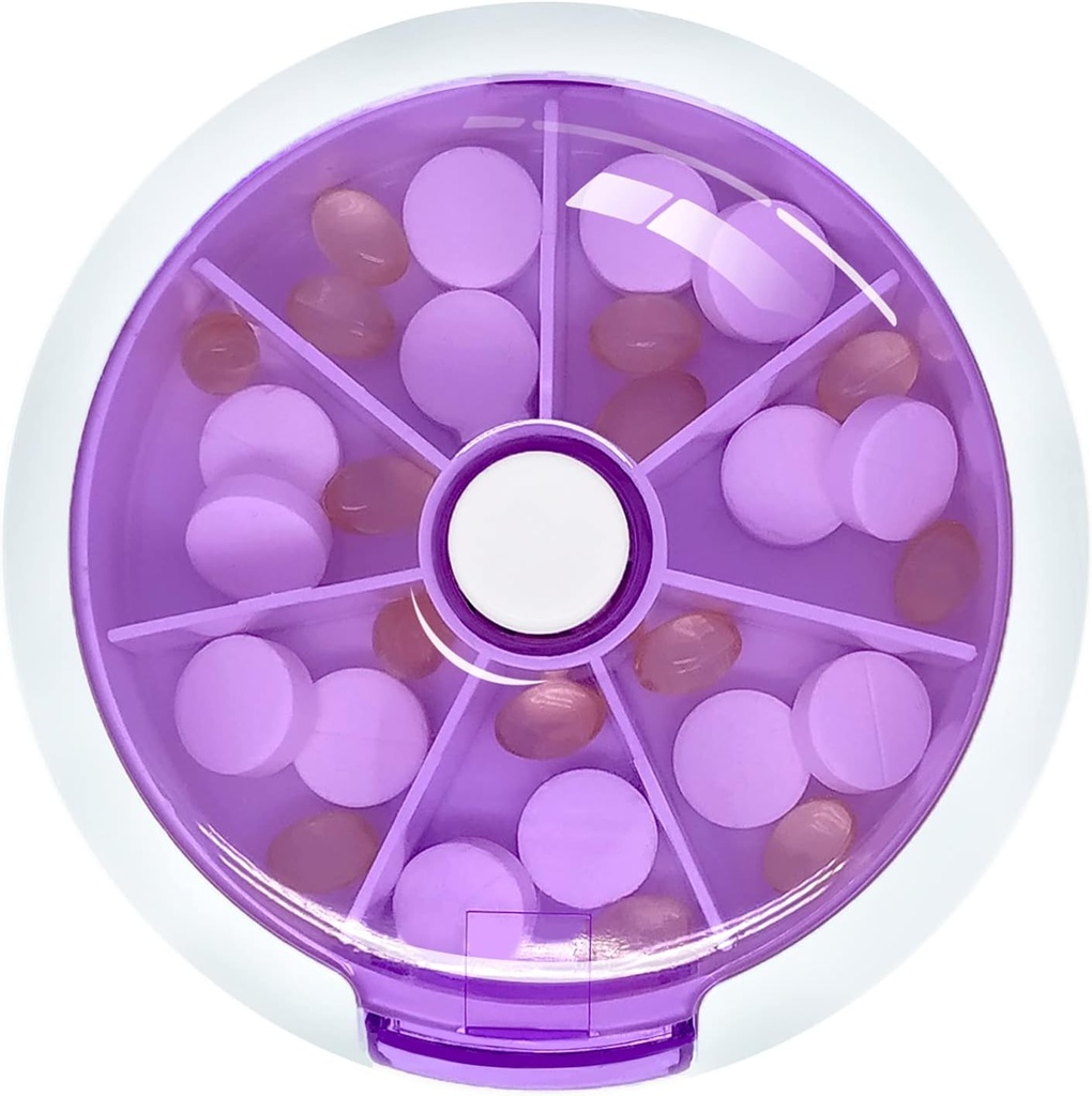Pill Cases Weekly INVODA Pill Organizators 7 Day 3 Times Medicine Pill Dispenser Push Pogas Rotēt Pill Planner ar 7 iecirkņiem (Purple)