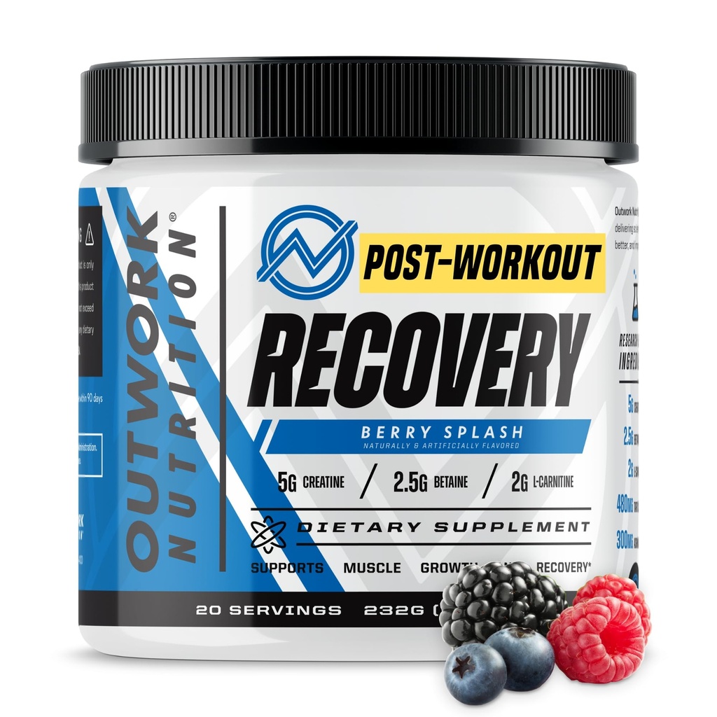 Outwork Nutrition Post Workout Recovery Powder - kreatīnmonohidrāts, KSM-66 Ashwagandha & Tart Cherry - Ātrumu atgūšana, Eases Soreness - kreatīnpulveris vīriešiem un sievietēm, Berry Splash, 240 Gr