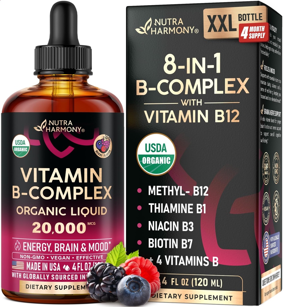 USDA Organiskais vitamīns B-komplekss B5 Pantotēnskābe B12 Metilkobalamīns B1 Tiamīns B6 Piridoksīns B7 Biotīns B9 Folika B3 Niacinamīds - B Complex Liquid Drops, Ražots ASV Papildinājums, 4fl oz