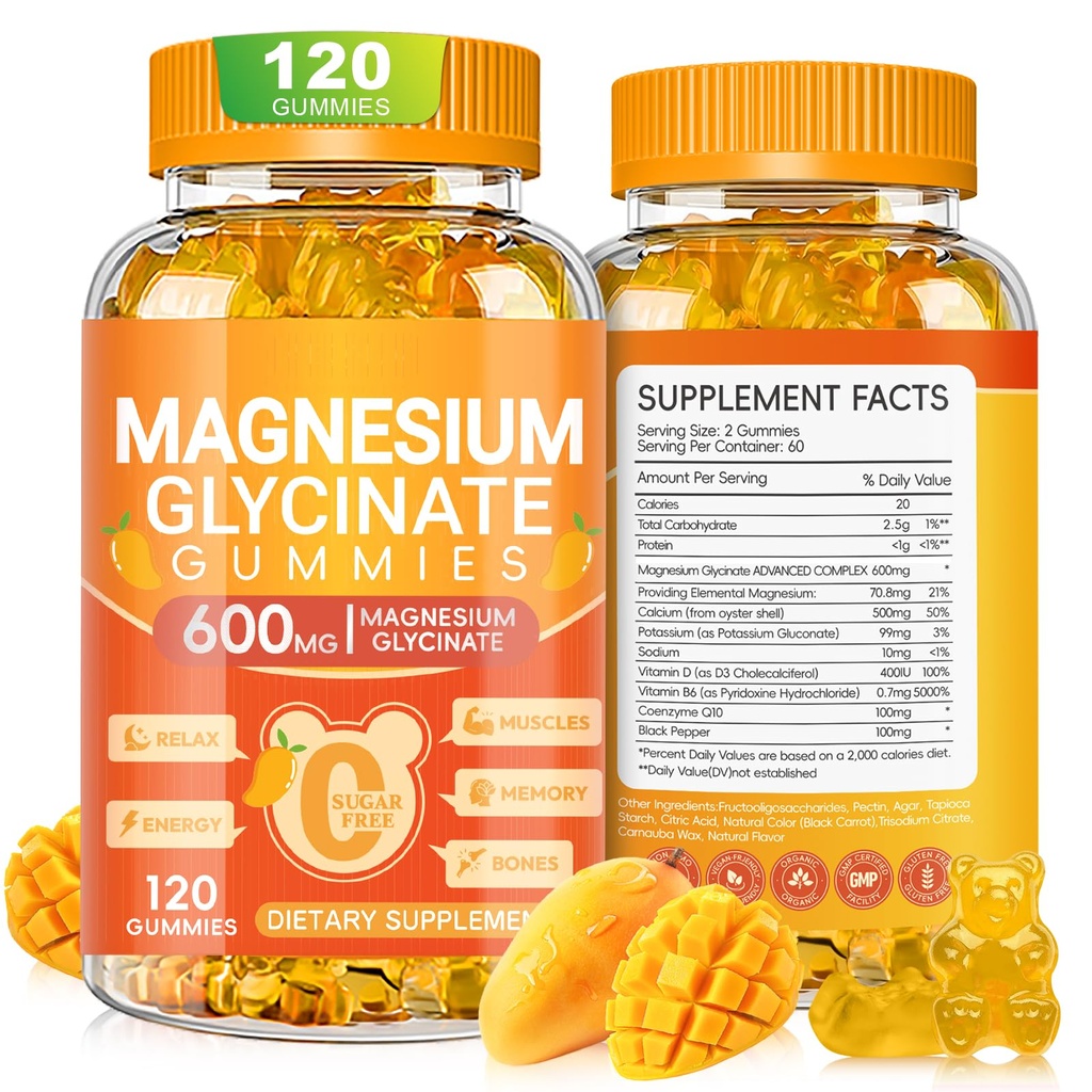 Magnijs Glicināt Gumijas 600mg, Bezkošļājamā kālija magnija Gumijas ar magnija glicinātu, D vitamīns, B6 un CoQ10 miegam, relaksācijai, smadzenēm un muskuļiem, 120 grādos