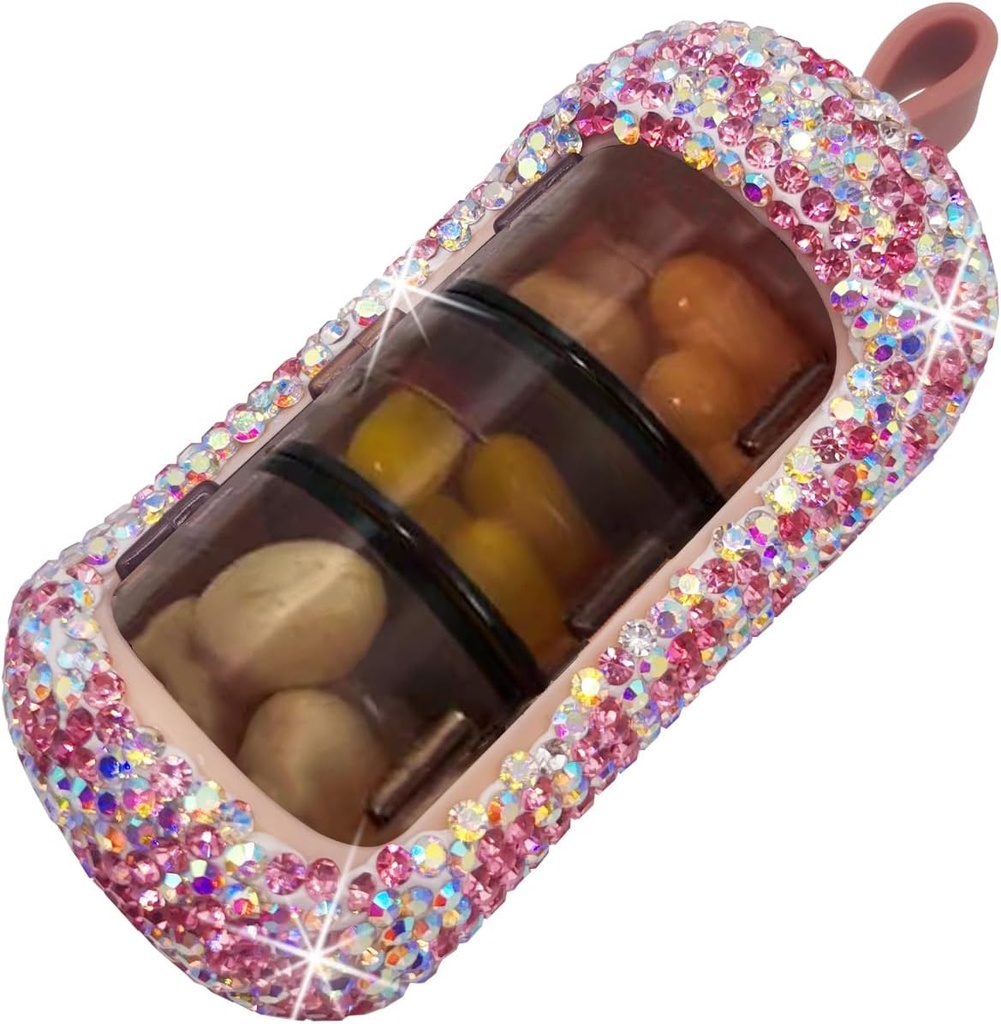 Bling Pill organizators - Cute un Compact Pill kaste Purse - Stilīgs Pill kaste ar dzirkstošo dizainu - Travel-Drīgs Medicine Holder - Slide in/Out Design Pill organizators (Pink)