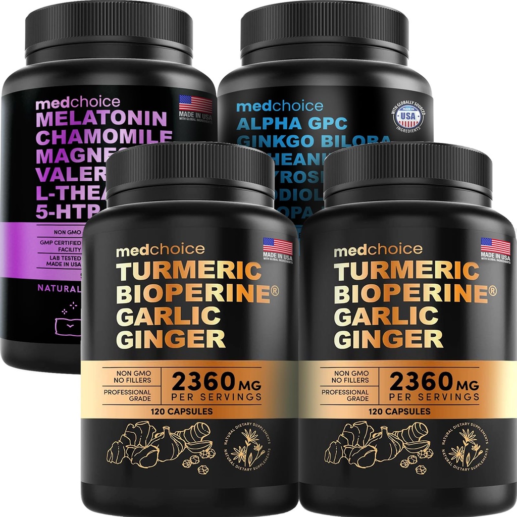 MEDCHOICE Turmeric & Ginger (240ct), Sleep Melatonin (90ct) un Nootropic Brain (60ct) papildinājums Bundle - Wellness Trio priekš smadzenēm, miega, un Imūnsupport - Vegan, non-GMO, no Gluten-free