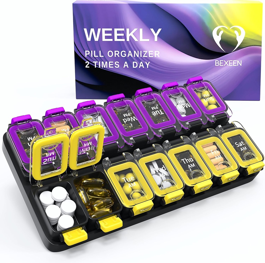 Extra Large Weekly Pill organizators 2 reizes diena - hermētiskā Pill kaste 7 diena - am Pm Vitamīnu gadījumā - zāļu konteiners Divu nedēļu papildinājums turētājs Ikdienas zāļu uzglabāšana Divas reizes Med XL Dzeltens/Purple