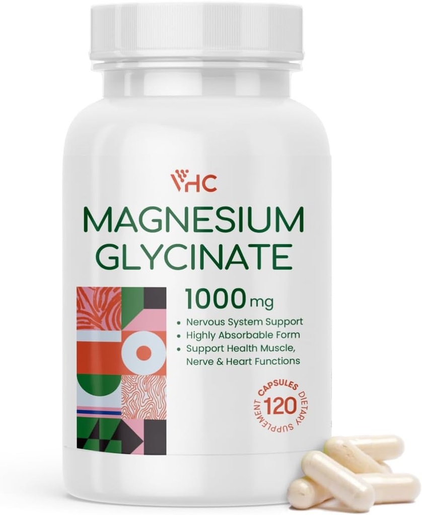 VHC Magnija glicināts 1000mg, augsta absorbcija Maksimālais helāts Tīrs magnija glicināts Papildinājums sievietēm un vīriešiem, Ne-GMO Nē Gluten, 120 Veggie Caps, Ražots ASV