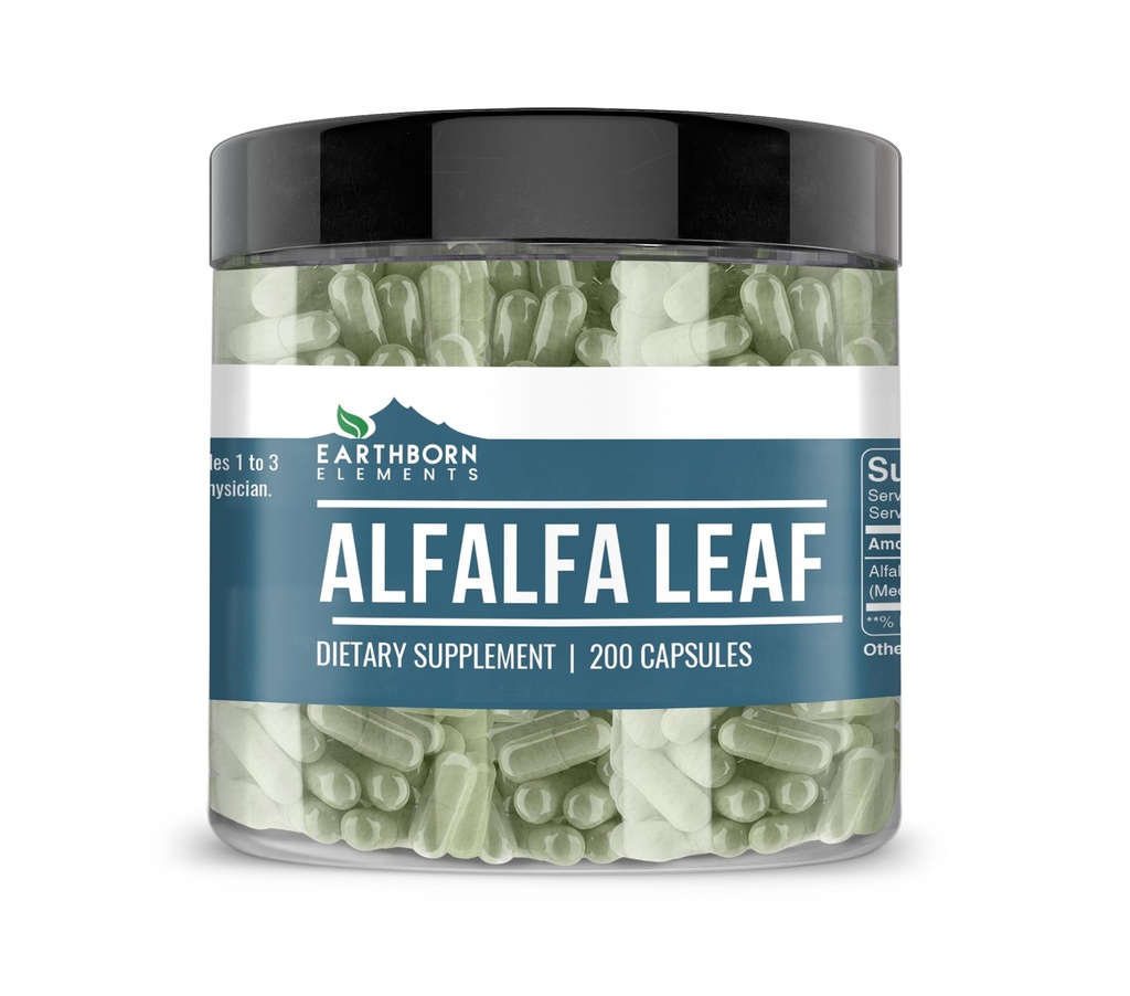 Earthborn Elements Alfalfa Leaf 200 Kapsulas, tīras un neatšķaidītas, bez piedevām