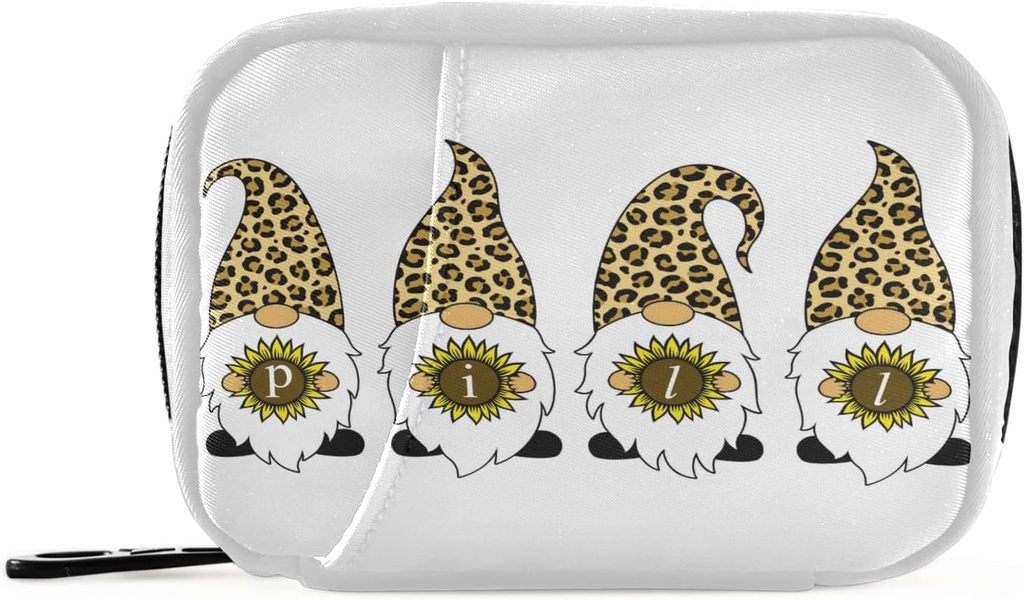 Leopard Gnomes Saulespuķu Pill Box 7 Day Pill Case Travel Pill Organizators Bag ar rāvējslēdzēju Pārnēsājams Weekly Case Compact Izmērs Vitamīnu piedevas turētājam