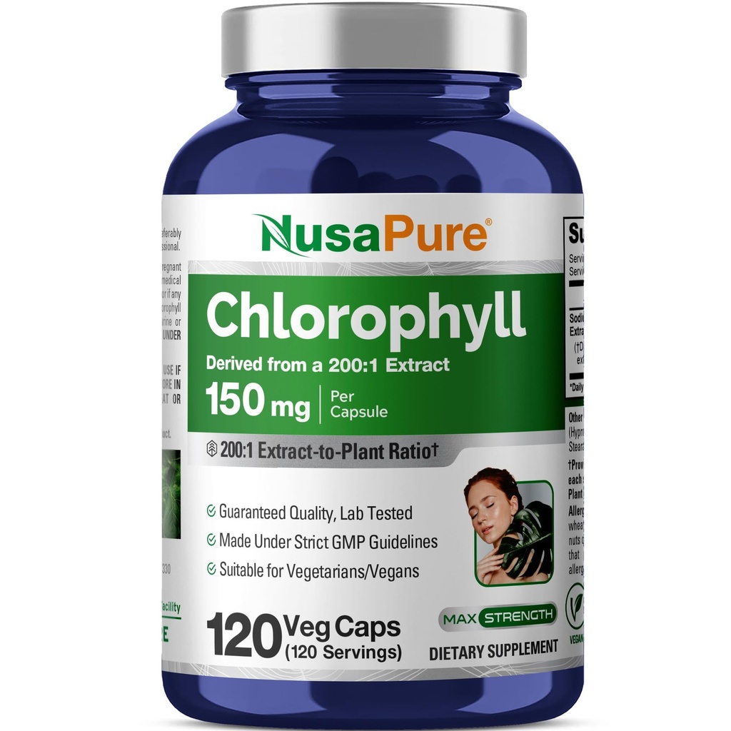 NusaPure Chlorophyll 200:1 ekstrakts, 150 mg ekvivalents 30 000 mg uz 120 kapsulām Veģetāriskie Caps (Non-GMO, Vegan)