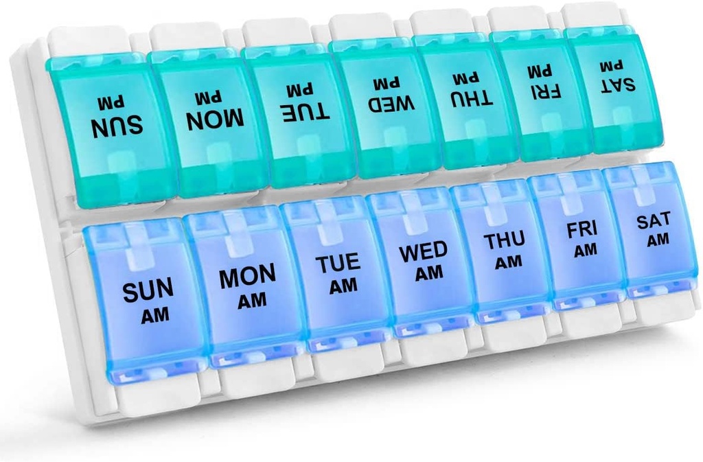 Sukuos AM Weekly 7 Day Pill organizators, 2 reizes Dienas Pill kaste ar Arthritis Friendly Push Poga, Medicīna Kastes vitamīnu / Zivju eļļas / Papildinājumi, Viegli tīrs (Cyan&Blue)