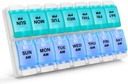 Sukuos AM Weekly 7 Day Pill organizators, 2 reizes Dienas Pill kaste ar Arthritis Friendly Push Poga, Medicīna Kastes vitamīnu / Zivju eļļas / Papildinājumi, Viegli tīrs (Cyan&Blue)