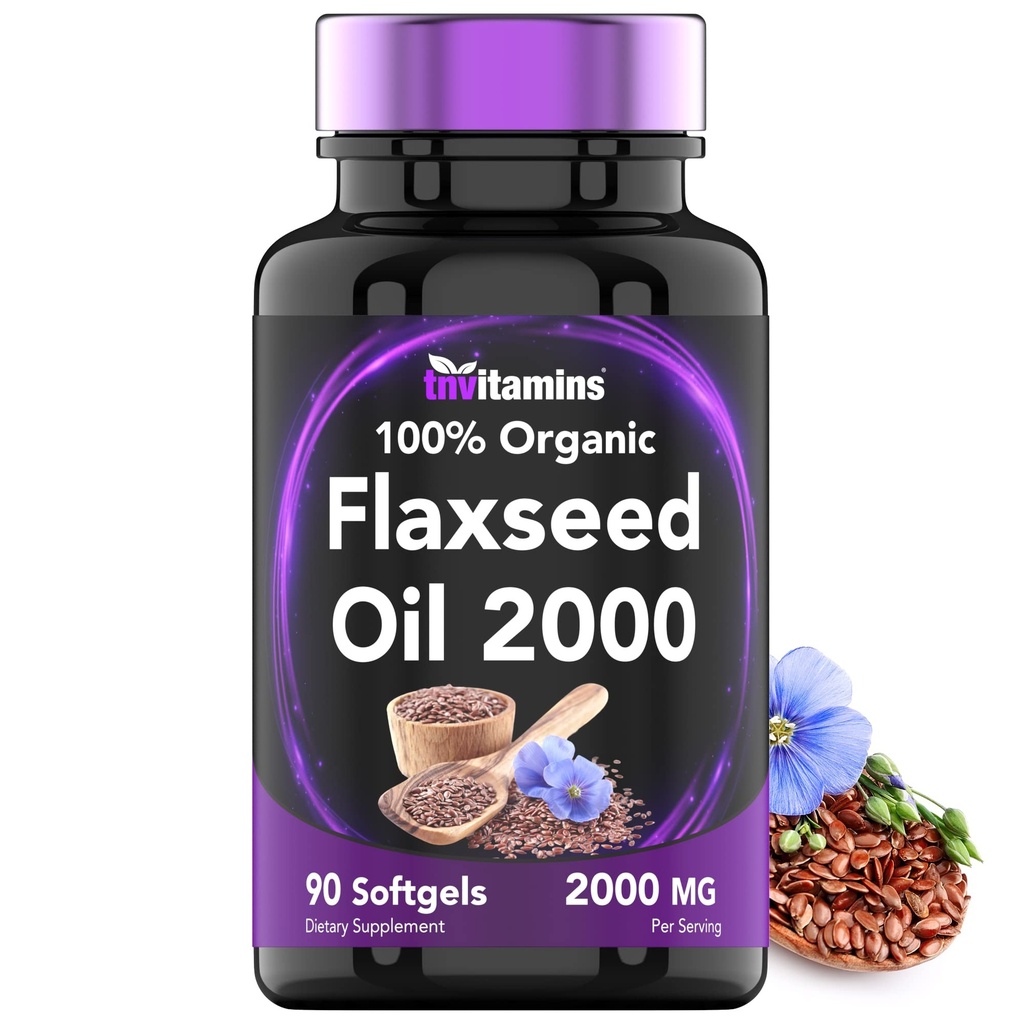 Tnvitamīni Organiskā Linsēklu eļļa Softgeli: 2000 mg - 90 Softgels - augsts Omega-3 taukskābju saturs -- Linsēklu eļļas papildinājums sievietēm un vīriešiem -- Ne-ĢMO