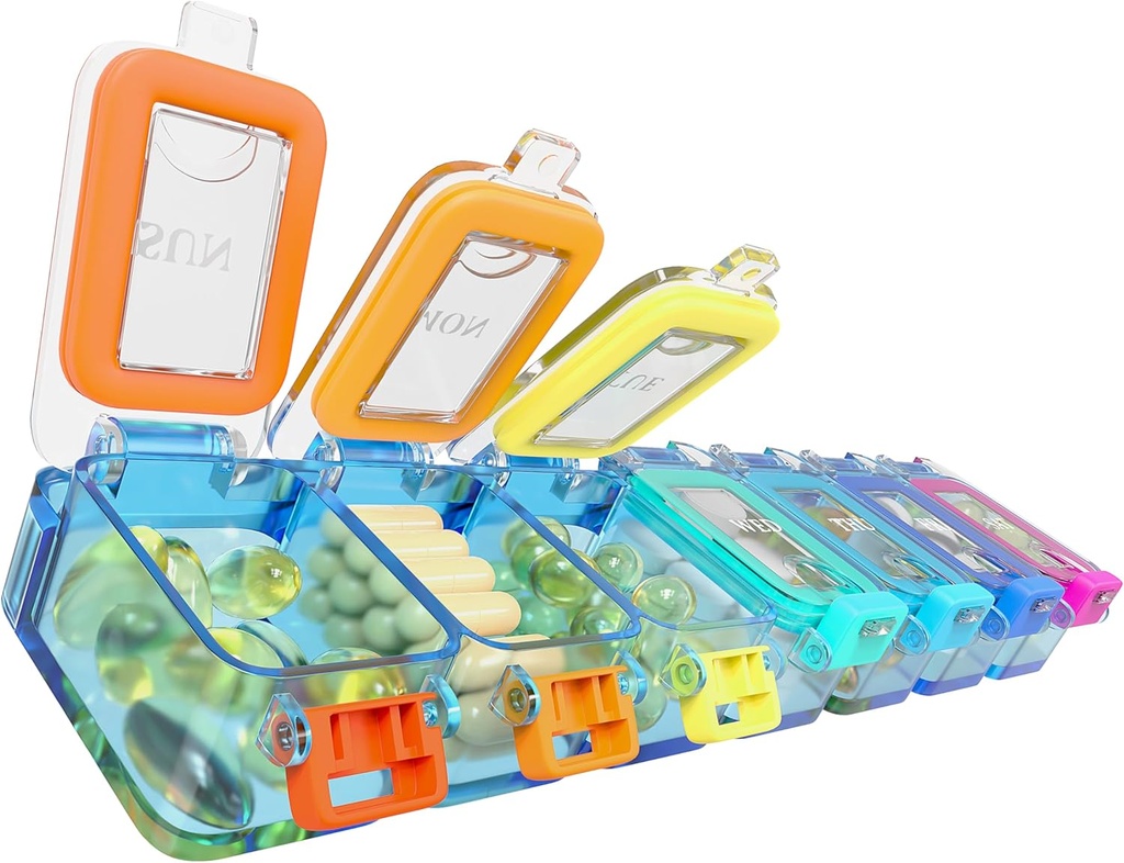 BEXEEN Weekly Medicine Pill Organizators Ūdensdrošs 7 dienu lielas Pill kaste Dienas Pill Case Cute Vitamīnu Organizators Portable Pill Konteiners Travel Pills turētājs XL Papildinājums Medikamentu Dispenser Viena diena