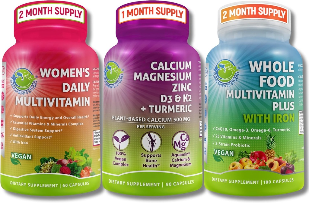 Vegan Multivitamīni un kalcija trio-caurules Pārtikas Multivitamīni ar dzelzi + Sieviešu dienas Multivitamīni ar dzelzi + Uz augiem balstīts kalcijs, magnijs, cinks, D3, K2 un turmerika – enerģija, kaulu un imūnās sistēmas atbalsts
