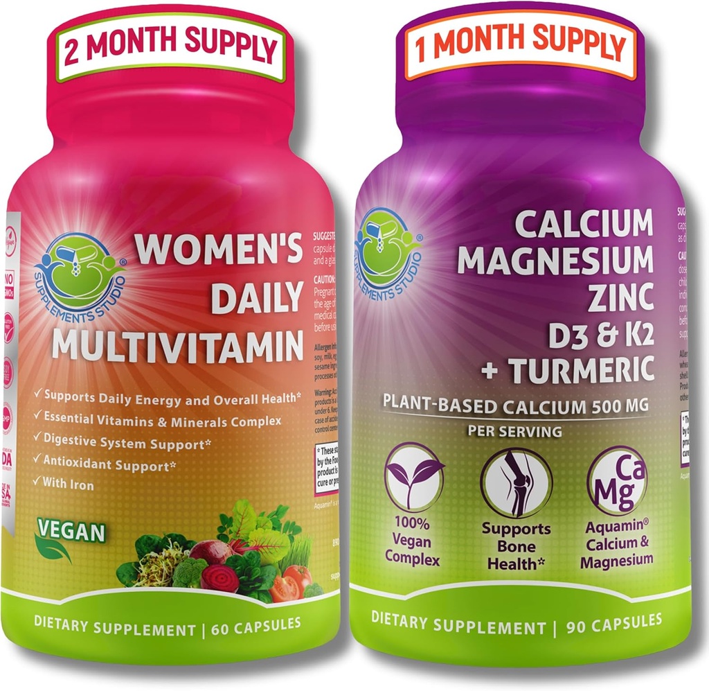 STUDIO visaptverošs labsajūtas un kaulu veselības paka - sieviešu dienas multivitamīns ar dzelzi + augu bāzes kalciju, magniju, cinku, D3, K2 un turmeriku - vegan, ne-ĢMO, tīras sastāvdaļas