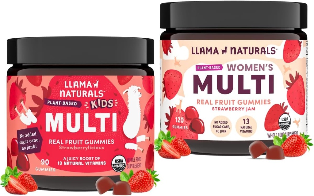 Llama naturals Reāls augļu multivitamīns Gumijas, Kids & Women's Without-Based Vitamīni, nesatur pievienotu cukurniedru cukuru, Organisks, vegāns, Košļājams, 90 ct & 120 ct