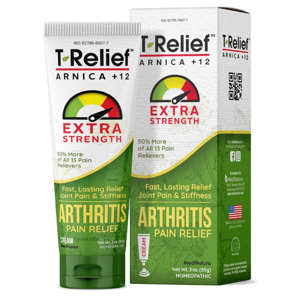 MediNatura T-Relief Extra Strength Arthritis Cream Arnica +12 Pain Relieving Natural Medicines Help Soothe Soreness Stiffness Aches & Pains in Joints Naturally - 3 oz