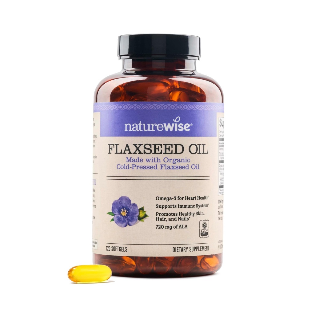 NatureWise Linsēklu eļļa 1200 mg, bez zivīm Omega 3 6 9 ar 720 mg ALA, uztura bagātinātājs sirds veselības atbalstam - Organisks, auksti presēts, ne-GMO - 120 Softgels[4-mēness piegādes]
