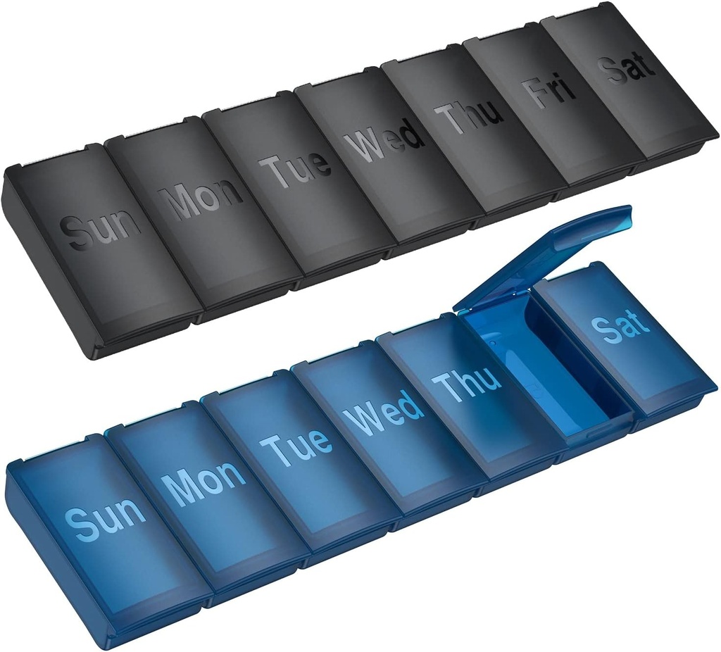 2 Pack Weekly Pill Organizators, liels ikdienas vitamīnu Pill kaste, Portable Travel Friendly 7 Day Pill Konteineri Medicīna turētājs, Handbag Āra kempings Mazas tabletes Case papildinājumiem Zivju eļļa (Melns + zils)