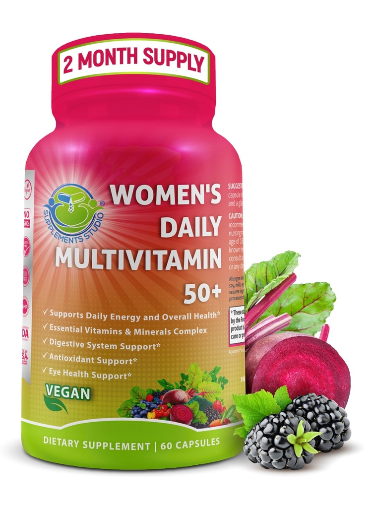 Sieviešu dienas multivitamīns 50 Plus - Vegan Metilēts Multivitamīns sievietēm 50 un vairāk ar biotīnu, Organic Superfoods & Lutein - Acu, enerģijas, Gut & Optimal Health Support - Viegli norīt kapsulas