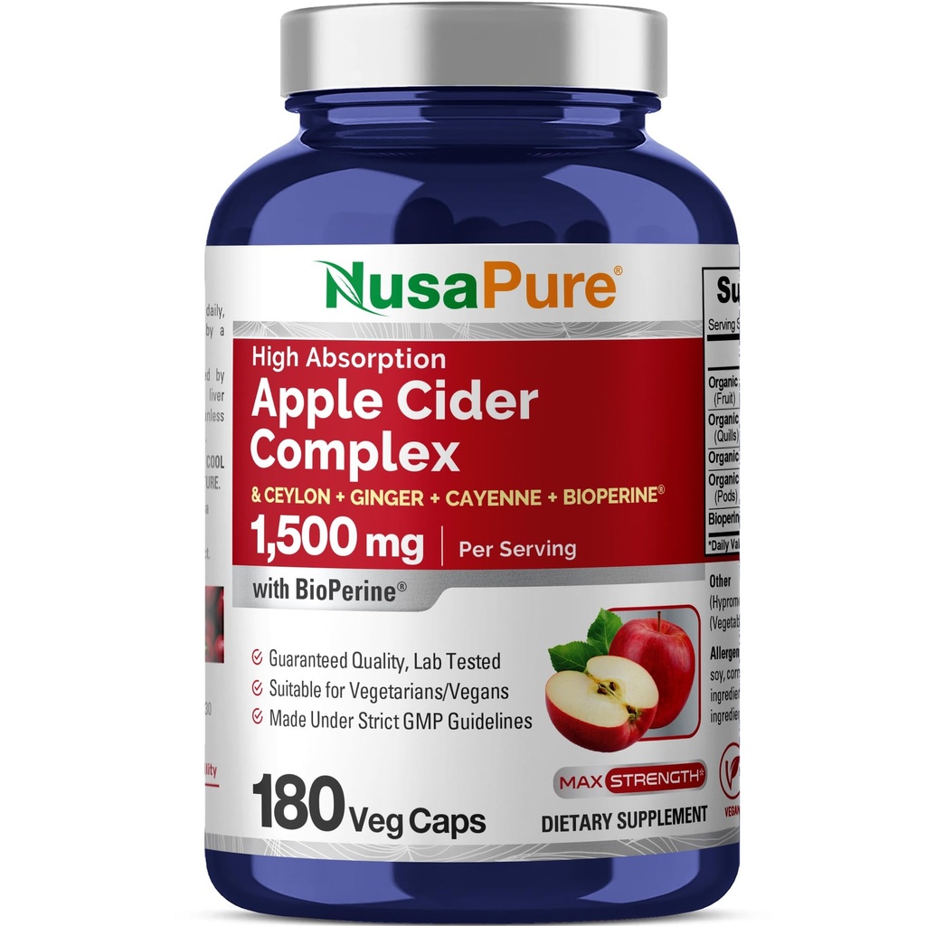 NusaPure Apple Cider Vider Complex 1500 mg 180 Veg Caps Piemērots veģetāriešiem un vegāniem, ne-GMO