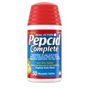 Pepcid Complete Acid Reducer + Antacid Acid Reflux, 10 mg Famotidīns, 800 mg Kalcija karbonāts un 165 mg Magnija hidroksīds uz tabletes apdegumiem, Antacid Chews, Tropu augļi, 50 sn