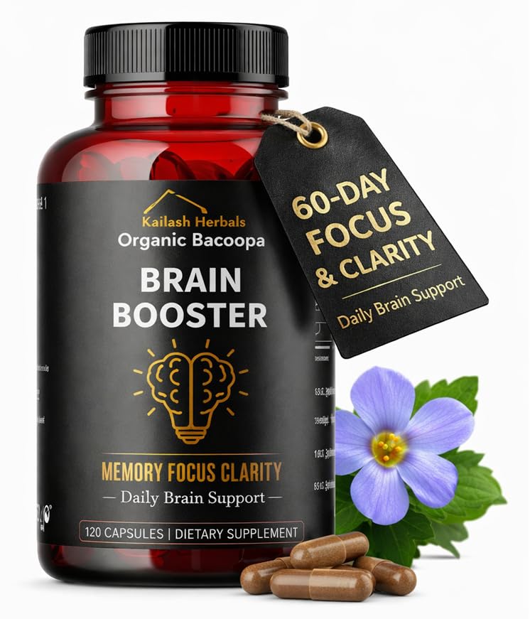 Bacopa, Organic Brain Booster, Nootropic Brain Papildinājums, Bacopa Monnieri/Brahmi, Garīgā asuma, Focus, Atmiņas un kognitīvā labsajūta, 120 kapsulas 500mg, 2 mēnešu piegādes
