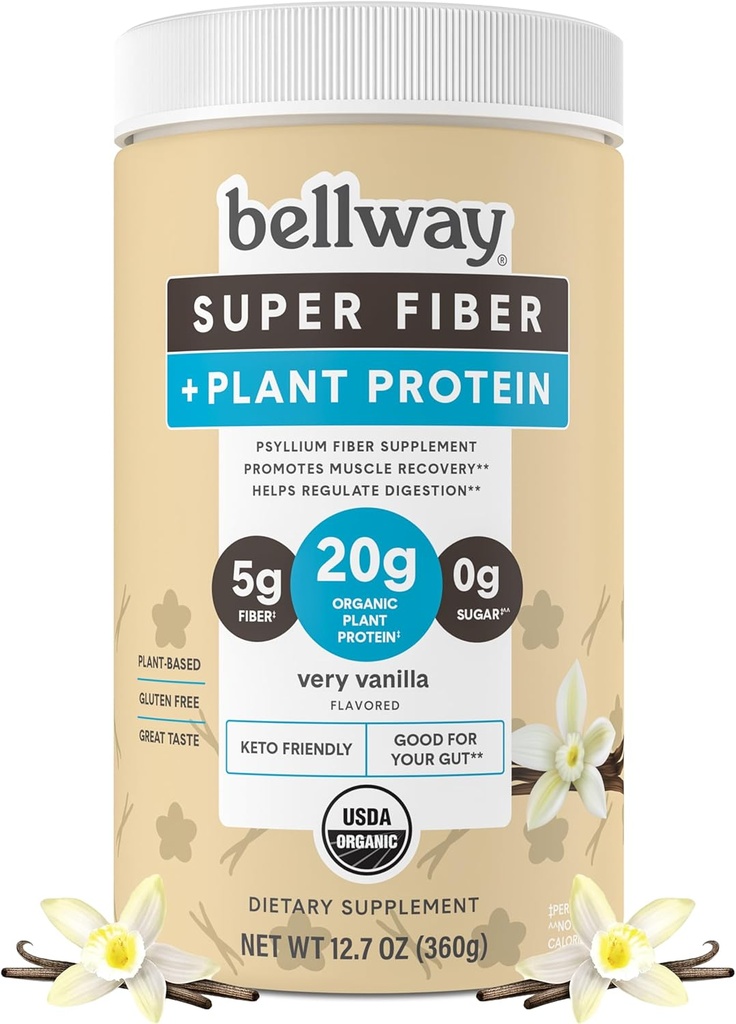 Bellway Super Fiber + proteīna pulveris, bez cukura Organic Psyllium Husk Fiber papildinājums Pulveris ar 20g augu proteīns Per kalpo, Ļoti Vanilla, 12.7 oz