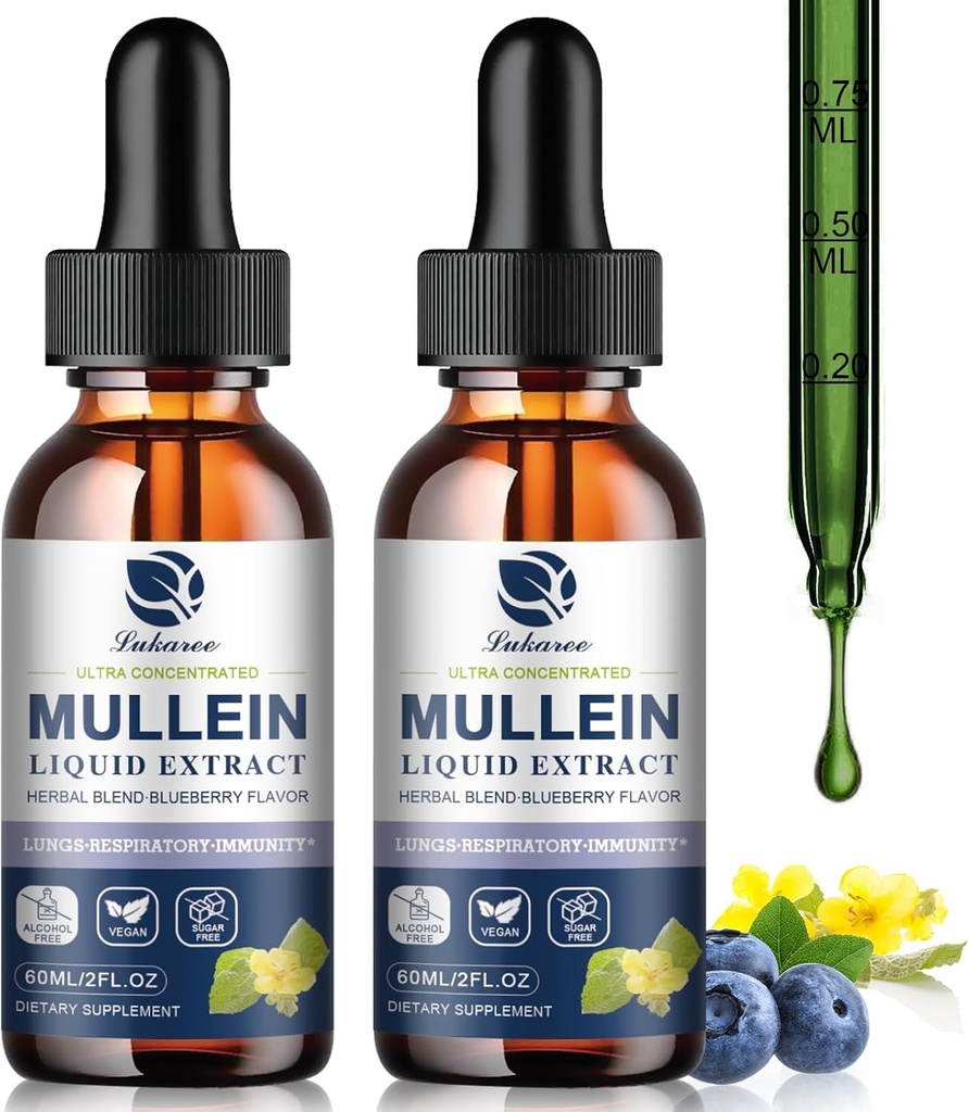 Mullein Pilieni Plaušas, Lung Detox & Cleanse, Vegan Mullein Leaf Extract Tincture ar hlorofila plūškoka u.c., Dabīgs augu papildinājums elpošanas, imūnās, 60 Kalpo