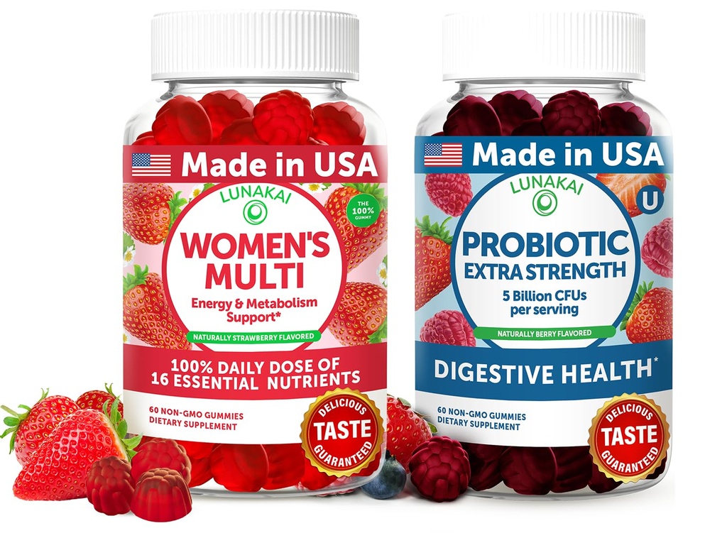 Lunakai ASV Ražots sievietēm Multivitamīnu un probiotikas Gumies Bundle – 16 Multi Vitamīni un probiotikas gremošanas atbalstam – 60ct Katrs