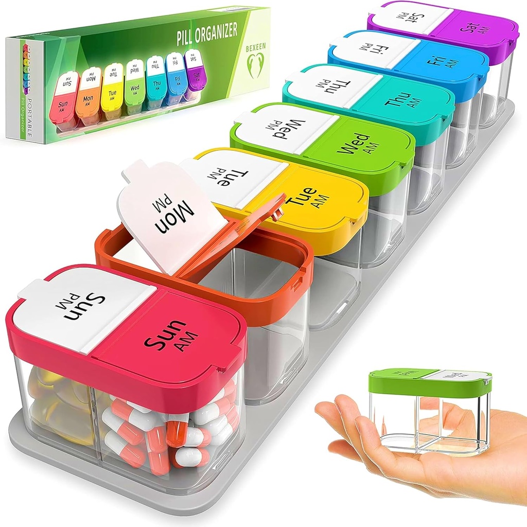 Extra Large Weekly Pill Organizators - XL Vitamīna turētājs ar 7 Atdalāmiem AM PM iedalījumiem - Pārnēsājama medicīna Dispenser mājas un ceļojumiem, Big Supplement Container nedēļas vai ikdienas lietošanai, Varavīksne