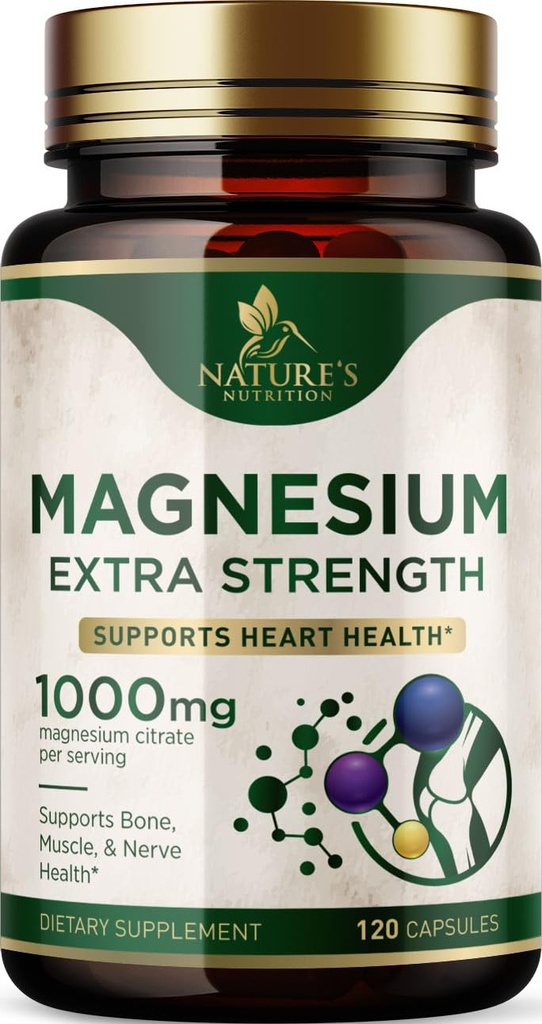 Magnija minerālu papildinājums 1000 mg - augstas potences magnija citrāts kauliem, sirds veselībai, nervu un muskuļu atbalstam, dabas magnija komplekss visa ķermeņa atbalstam, pudelēs ASV - 120 kapsulas