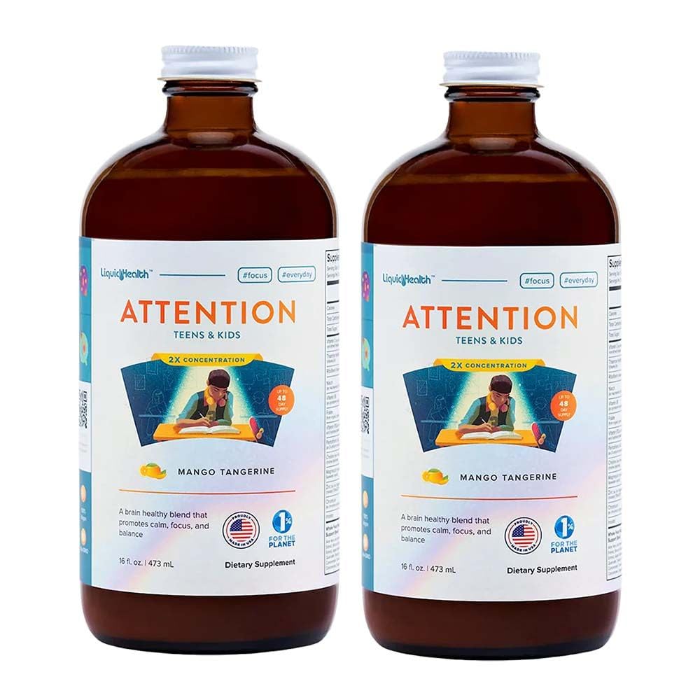 LIQUIDHEALTH Uzmanība, Šķidrie multivitamīni bērniem un pusaudžiem - uzlabo atmiņas saglabāšanu, koncentrāciju, fokusu, Mood, relaksācija un kalmēšana - ražoti ASV, Lielā garša, Vegan, bezcukura (2 iepakojums)