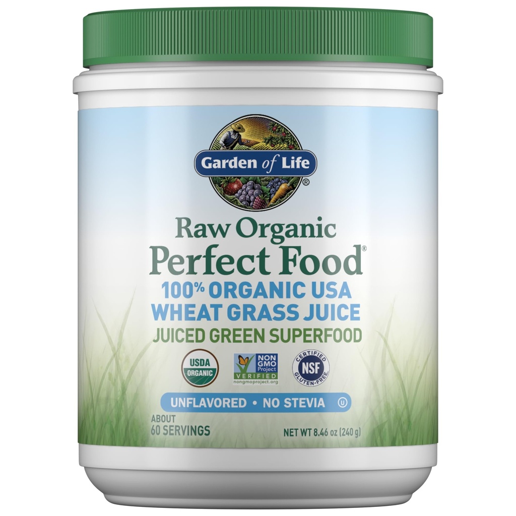 Dabas dārzs Raw Organic Perfect Food 100% Organic ASV Kviešu Grass sulas - Suiced Green Superfood Greens Pulveris, 60 Kalpojumi - Stevia-free, Non-GMO, Vegan, bez lipekļa visu pārtikas piedevas
