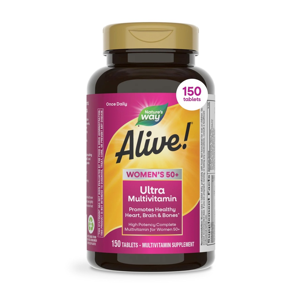 Dabas ceļš ir dzīvs Vitamīni sievietēm 50 Plus, kompleksie multivitamīni, augstas potences formula, ar metilētu B12, bezglutēna, 150 tabletes