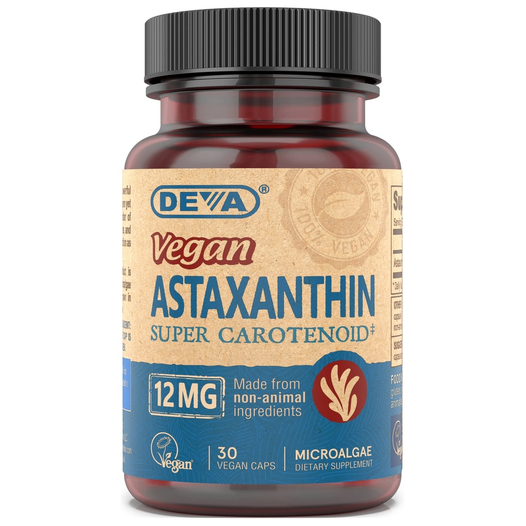 DEVA Nutrition Vitamīni Astaksantīns 12 mg, Vegan, Izgatavots no Haematococcus Pluvialis Microalgae, 30 kapsulas, 1- iepakojums