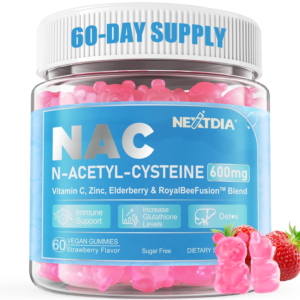 Nextdia NAC Gummijas bērniem un pieaugušajiem, Chewable N-Acetyl Cysteine Papildinājums 600mg 1000mg w/Vitamin C, Cinka, plūškoka pretoksidantiem un imūno atbalstu, plaušu un aknu veselība, bez cukura, 120 Ct